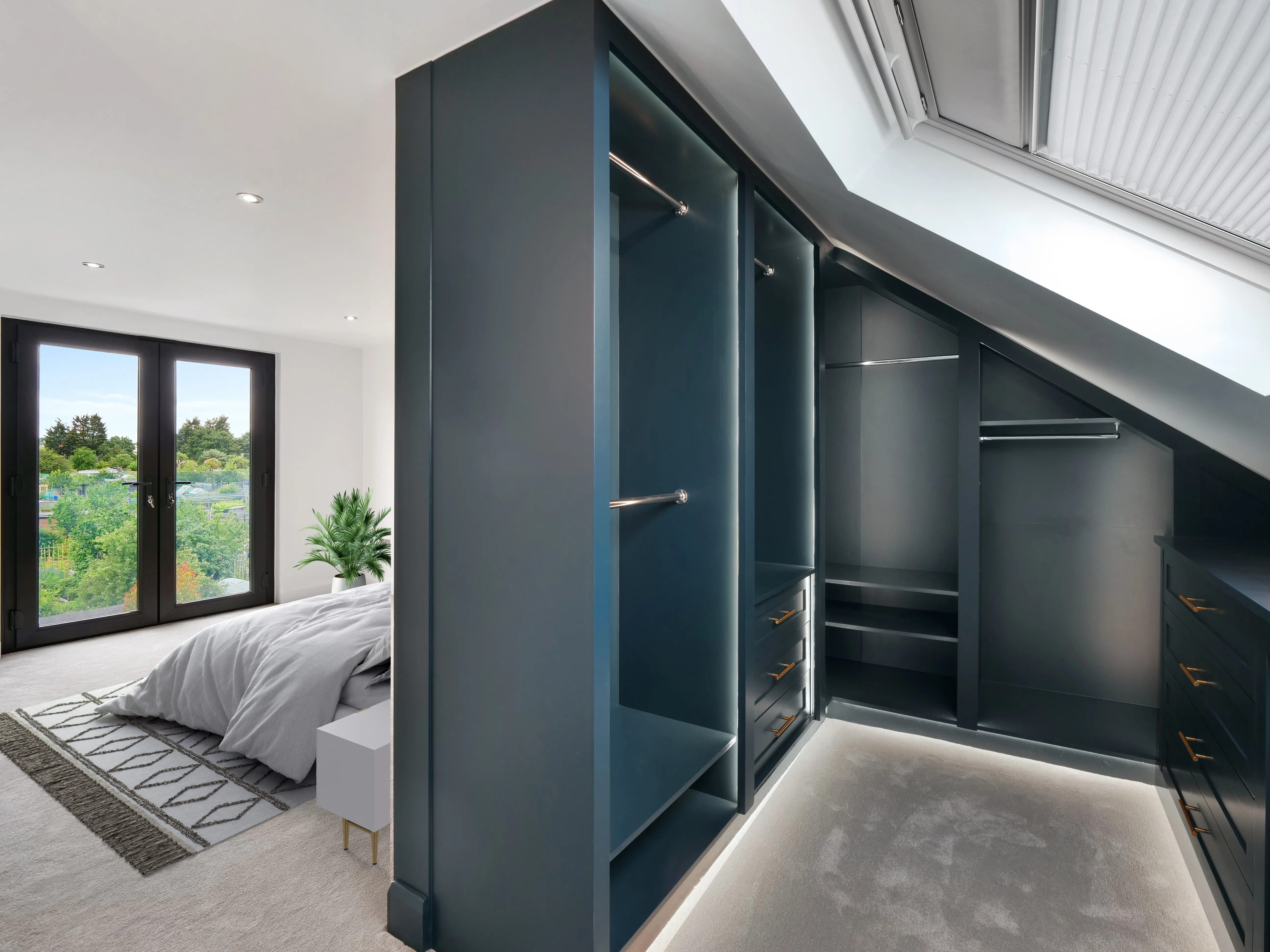 a bedroom with a bed and a closet in it