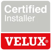 A red and gray sign that says certified installer velux.