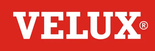 A red and white logo with the word velux on it.