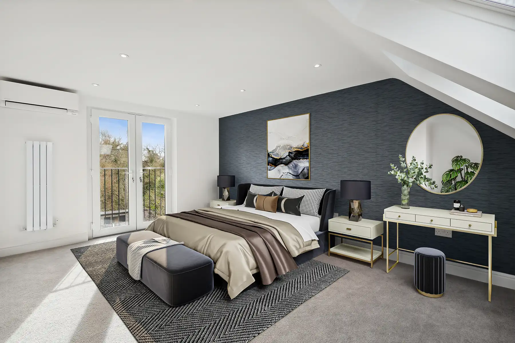 A bedroom with a large bed and a large window.